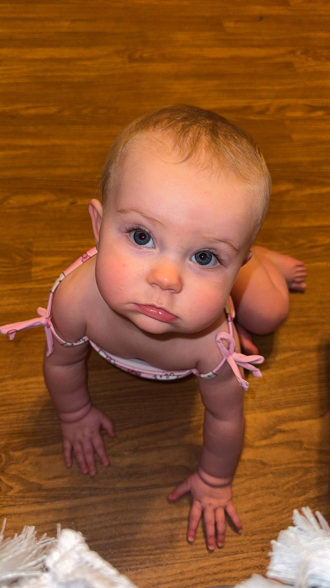 adorable, baby, blue_eyes, child, closeup, crawling, cute, floor, hands, indoor, infant, looking_up, person, pink_clothing, pouty_face, shoulder_bows, skin, toes, wooden_floor, young