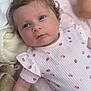 Sophia is registered to the contest to win money with this photo: baby, infant, face, blue_eyes, curly_hair, onesie, strawberry_pattern, blanket, soft_texture, sleepwear, skin, arm, lying_down, indoors, cute, child, newborn, peaceful, portrait, closeup