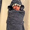 adorable, baby, blanket, child, cozy, cute, expression, face, head, indoor, infant, person, portrait, pout, resting, shark_costume, soft_texture, towel, wrapped, young_child