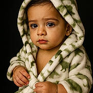 Dominick joined the competition — help win amazing prizes! baby, child, portrait, face, eyes, serious, hood, blanket, robe, plush, green, white, indoor, studio, black_background, sitting, hands, bracelet, clothing, photography
