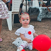 Wayah joined the competition — help win amazing prizes! toddler, child, balloon, face_paint, white_dress, pom_pom, outdoor, grass, party, festive, table, chair, people, celebration, toy, event, red_balloon, face, sitting, shoes