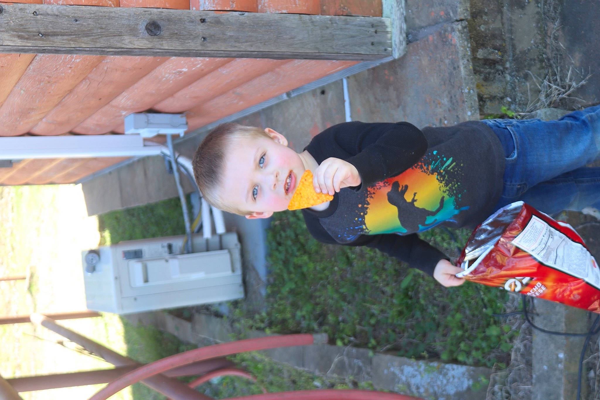 Jeremiah is registered to the contest to win money with this photo: baby, baby_toddler_clothing, child, fun, grass, house, leisure, person, toddler, toy, wood, yard