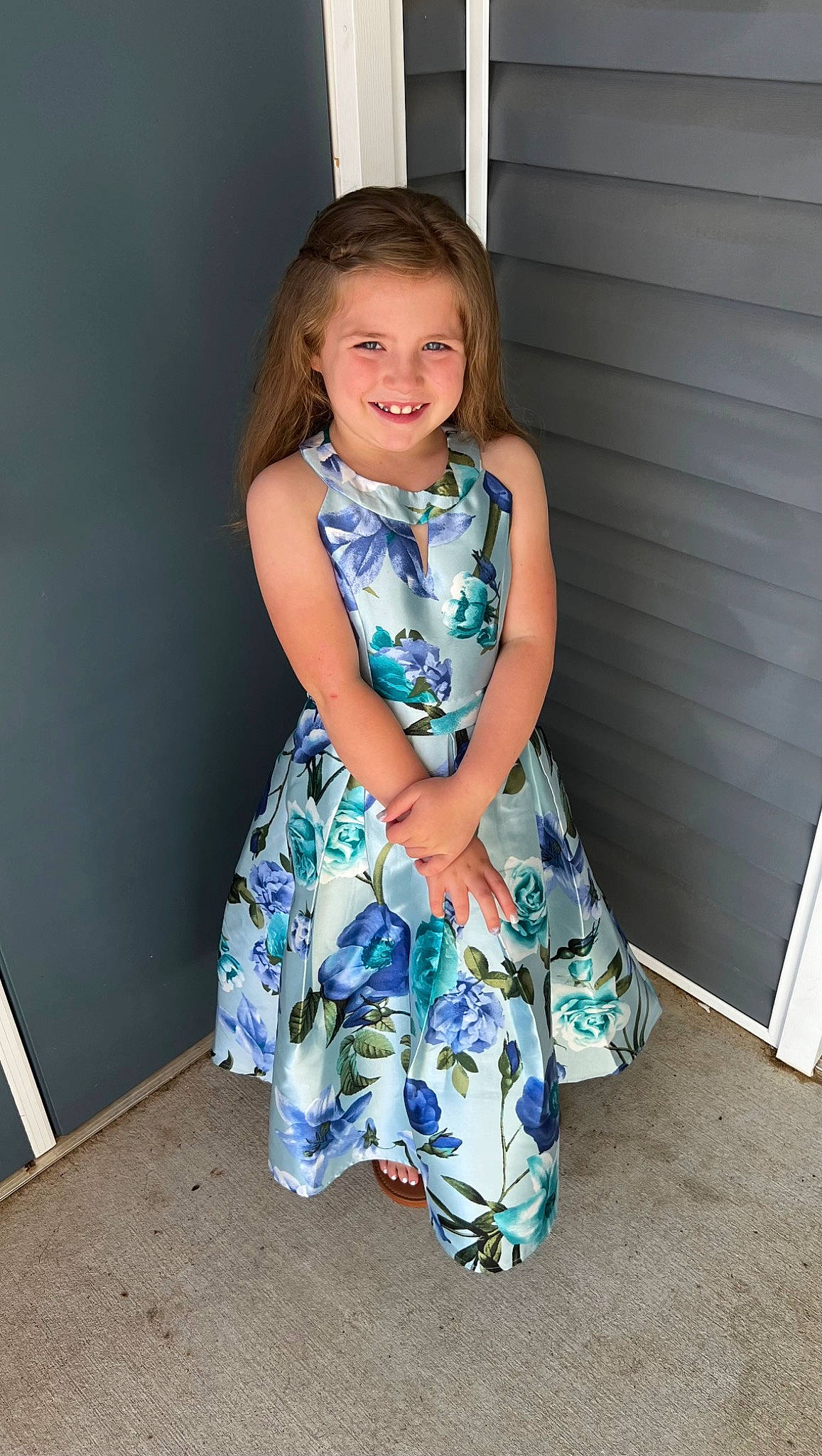 Reba joined the competition — help win amazing prizes! azure, baby_toddler_clothing, day_dress, dress, electric_blue, face, fashion_design, hair, happy, human_leg, joy, knee, magenta, one_piece_garment, pattern, person, sitting, sleeve, smile, thigh