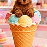 adorable, background_blur, brown_dog, cute, dessert_theme, dog, fluffy, food_prop, ice_cream_cone, indoor, pastel_colors, pet, playful, puppy, small_dog, sprinkles, studio_photo, sweet, table, toy