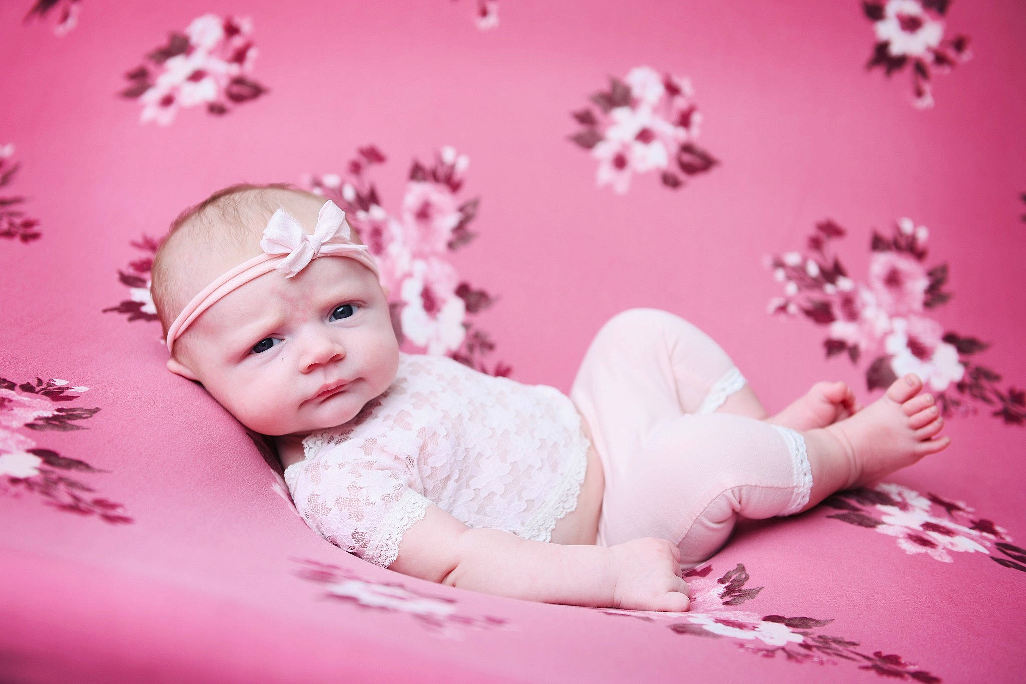 Brooklyn joined the competition — help win amazing prizes! baby, baby_toddler_clothing, child, fashion_accessory, flash_photography, happy, headband, headpiece, headwear, human_leg, magenta, pattern, peach, person, petal, pink, purple, sitting, textile, thigh