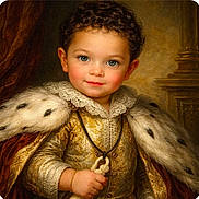 Benjamin is registered to the contest to win money with this photo: blue_eyes, bracelet, child, classical, costume, curly_hair, fur_cape, gold_embroidery, hand, historical_style, indoor, lace_collar, luxury, male_child, necklace, portrait, pose, royalty, smile, young