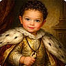 blue_eyes, bracelet, child, classical, costume, curly_hair, fur_cape, gold_embroidery, hand, historical_style, indoor, lace_collar, luxury, male_child, necklace, portrait, pose, royalty, smile, young