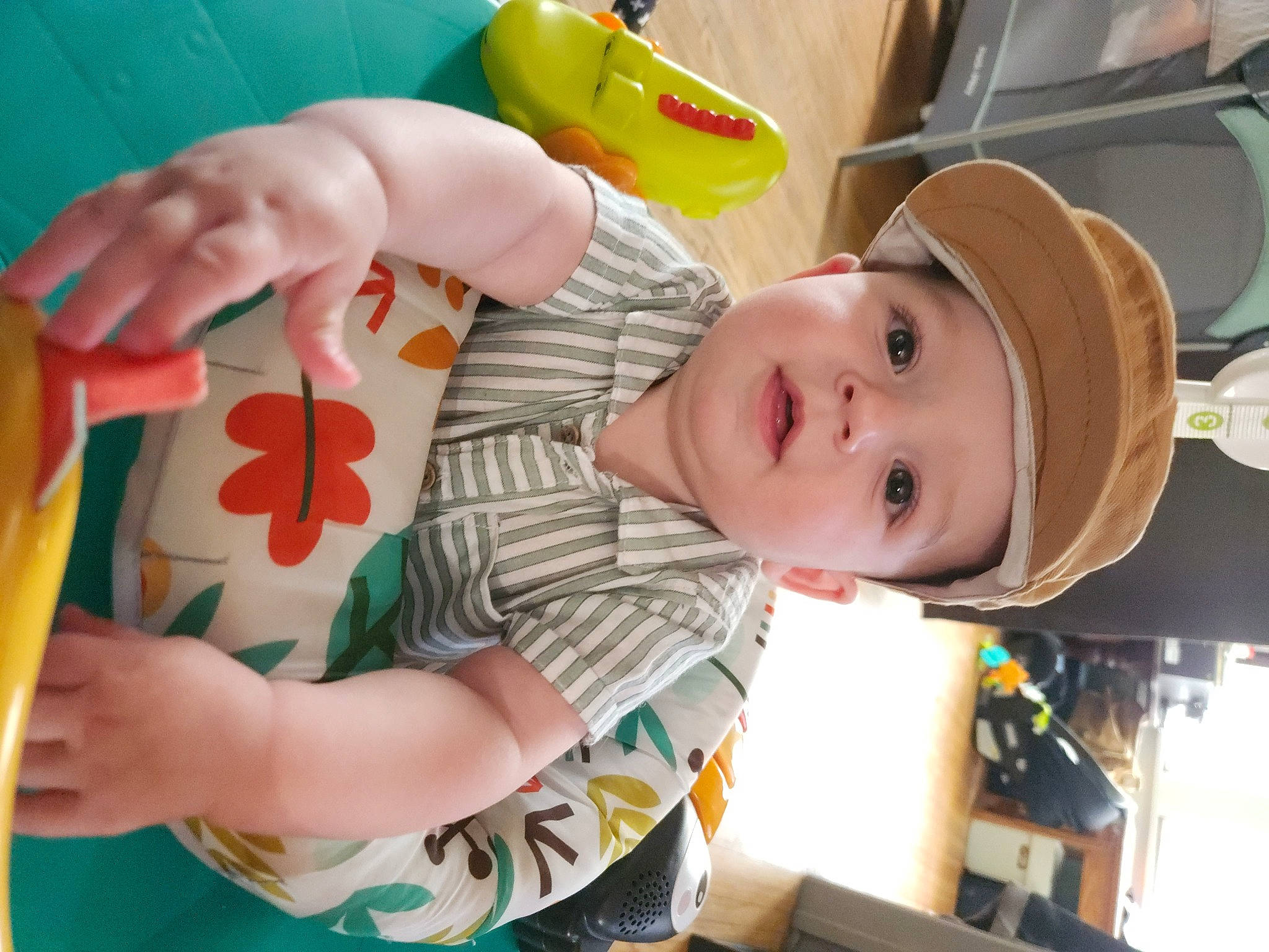Jaxon joined the competition — help win amazing prizes! baby, baby_products, baby_toddler_clothing, child, finger, fun, happy, hat, headwear, leisure, nail, pattern, person, plastic_bottle, play, product, room, skin, smile, thumb