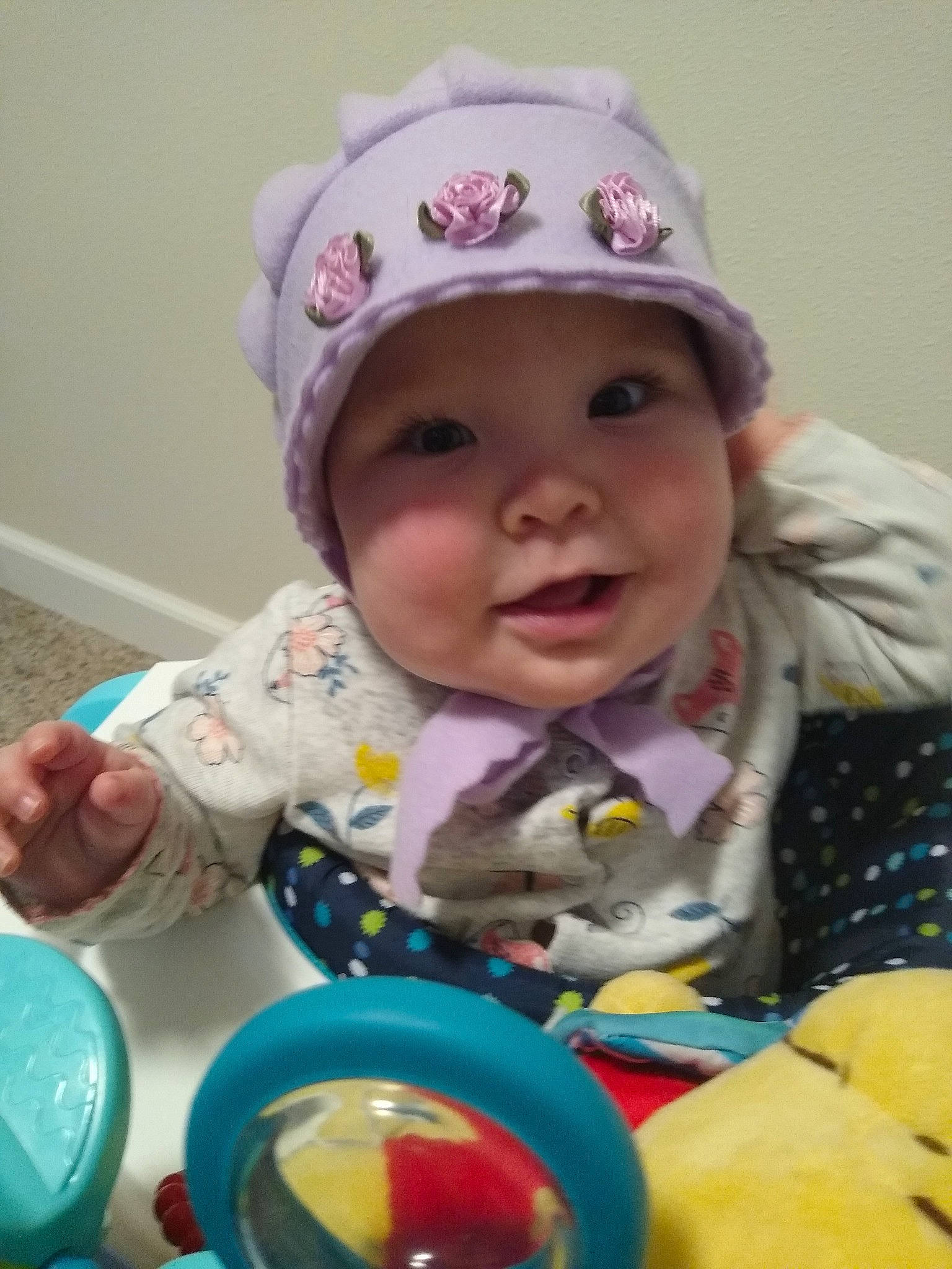 Emma joined the competition — help win amazing prizes! baby, baby_laughing, baby_playing_with_toys, baby_toddler_clothing, baseball_cap, cap, cheek, child, face, facial_expression, fashion_accessory, fun, happy, headgear, headwear, helmet, organ, person, product, skin