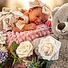 baby, newborn, sleeping, child, portrait, indoors, teddy_bear, stuffed_animal, pink_blanket, bow, headband, flowers, roses, bouquet, floral_arrangement, soft_lighting, cozy, peaceful, close_up, photography
