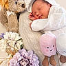 newborn, baby, sleeping, infant, portrait, plush_toy, stuffed_lion, stuffed_animal, flowers, bouquet, blanket, knitted_blanket, white_clothing, bonnet, peaceful, indoors, cozy, nursery, closeup, smiling_toy