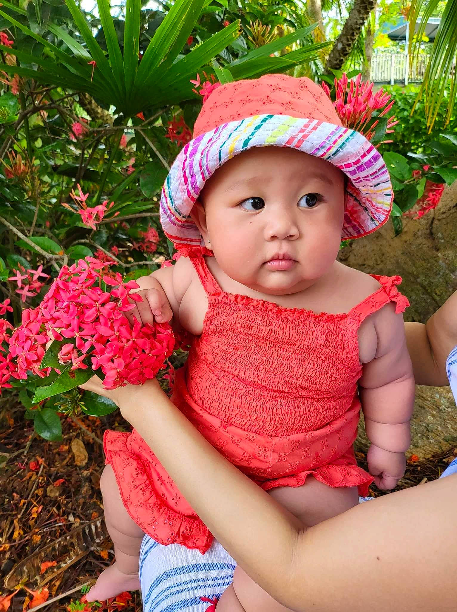 Cece joined the competition — help win amazing prizes! baby, baby_toddler_clothing, botany, cap, child, eye, facial_expression, grass, green, happy, hat, headwear, lip, magenta, people_in_nature, person, pink, plant, skin, sun_hat