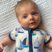 Lucas joined the competition — help win amazing prizes! baby, baby_garment, blanket, blue_eyes, child, clothing, cute, face, hair, happy, infant, laying_down, onesie, portrait, sailboat_pattern, skin, smiling, soft_lighting, texture, young_child