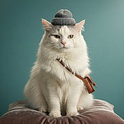 Sucre joined the competition — help win amazing prizes! accessory, animal, bag, cat, cozy, cushion, cute, expressionless, feline, fluffy, hat, indoor, knit_hat, leather_bag, pet, portrait, sitting, studio, teal_background, white_cat