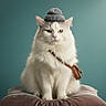 accessory, animal, bag, cat, cozy, cushion, cute, expressionless, feline, fluffy, hat, indoor, knit_hat, leather_bag, pet, portrait, sitting, studio, teal_background, white_cat