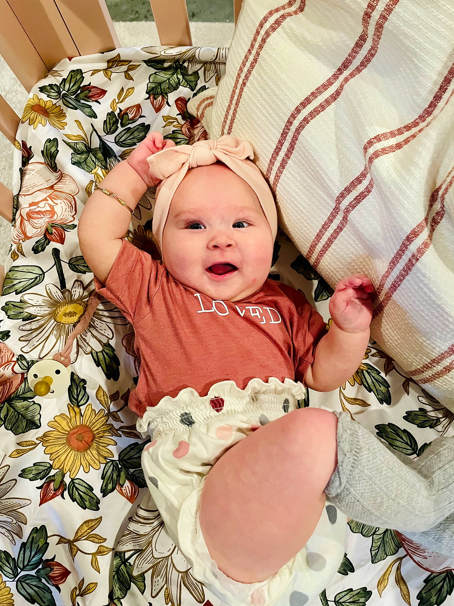 Adley joined the competition — help win amazing prizes! baby, baby_products, baby_sleeping, baby_toddler_clothing, bedding, child, comfort, event, hair_accessory, happy, headpiece, headwear, linens, pattern, peach, person, petal, pink, product, smile