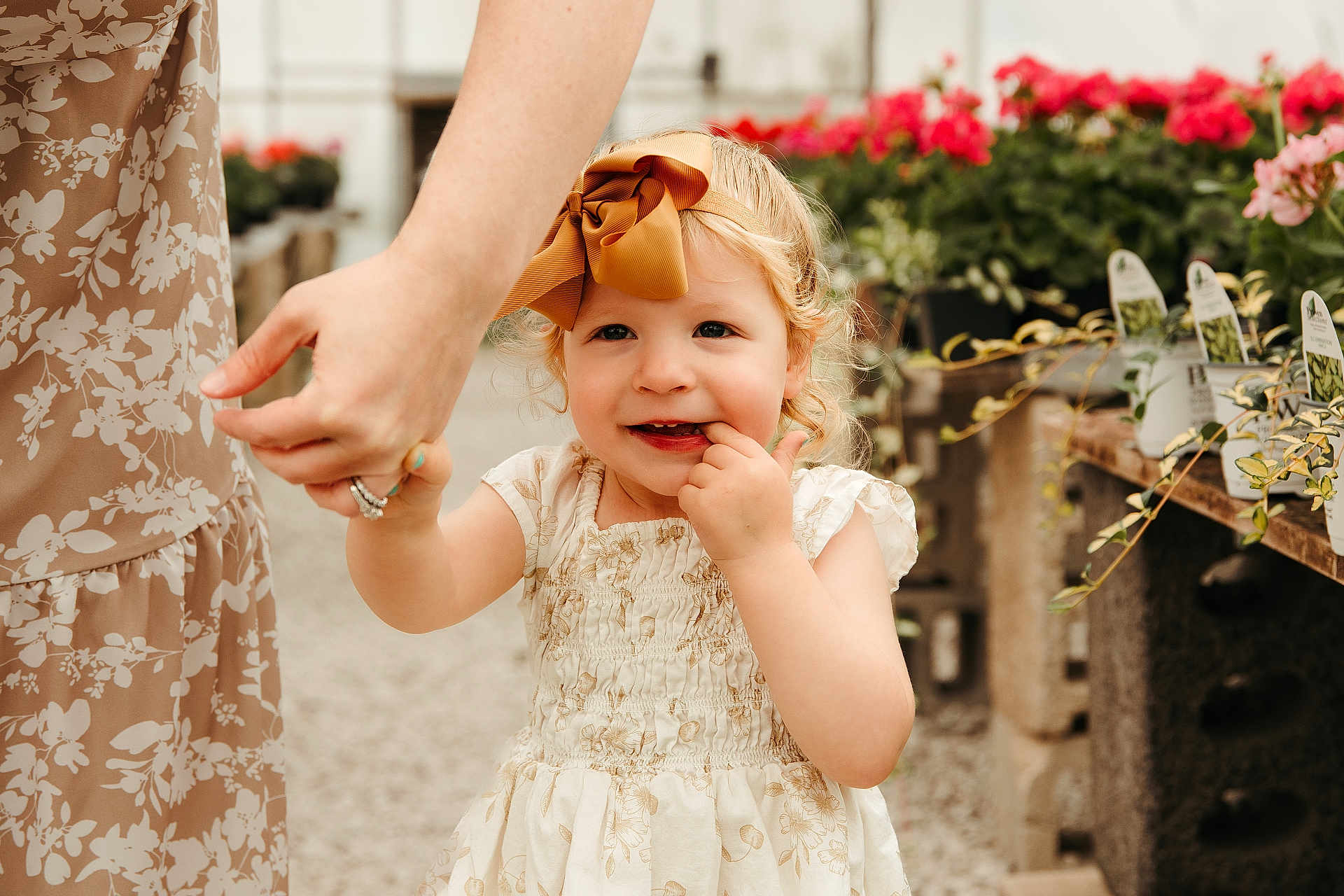 Diem joined the competition — help win amazing prizes! toddler, child, holding_hand, bow, dress, flower_pots, greenhouse, plants, adult_hand, smiling, curly_hair, outdoor, nature, cute, portrait, playful, happy, person, casual, summer_dress