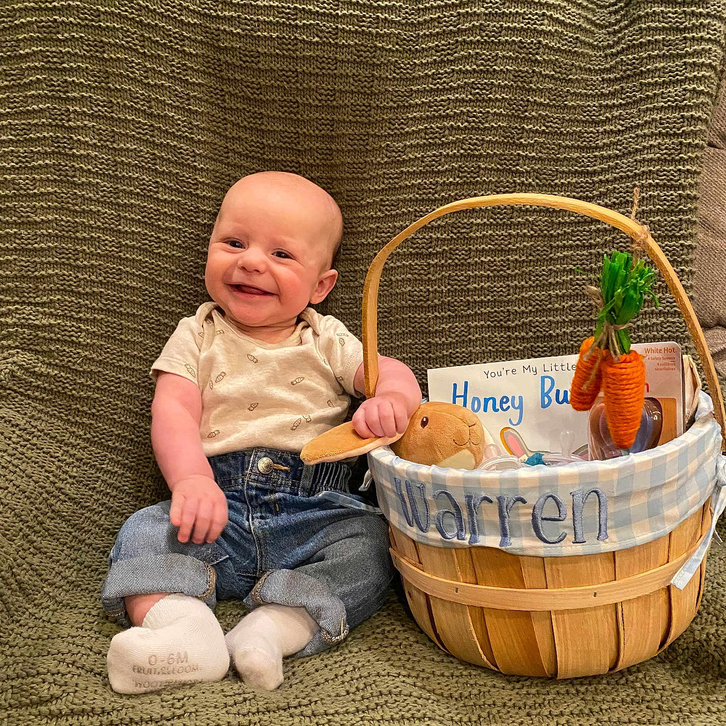 Warren joined the competition — help win amazing prizes! baby, basket, clothing, face, fun, furniture, happy, head, homedecor, hosiery, jeans, leisureactivities, pants, person, photography, picnic, picnicbasket, portrait, sitting, sock