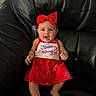 Iyla is registered to the contest to win money with this photo: baby, barefoot, blue_eyes, child, close_up, festive, fireworks_pattern, headband, indoors, infant, leather_couch, leather_furniture, patriotic, photography, portrait, red_bow, red_dress, sitting, smiling, surprised_expression