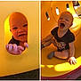 child, toddler, playground, yellow, tunnel, smiling, laughing, outdoor, sunlight, black_shirt, socks, grass, happy, cute, person, play, fun, baby, joy, expression