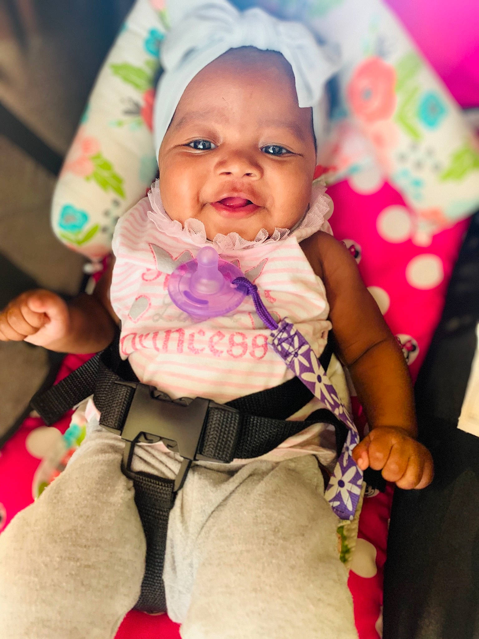 Madisyn joined the competition — help win amazing prizes! baby, baby_products, beauty, cheek, child, eye, face, facial_expression, happy, head, headwear, human, lip, people, person, pink, play, product, sitting, skin