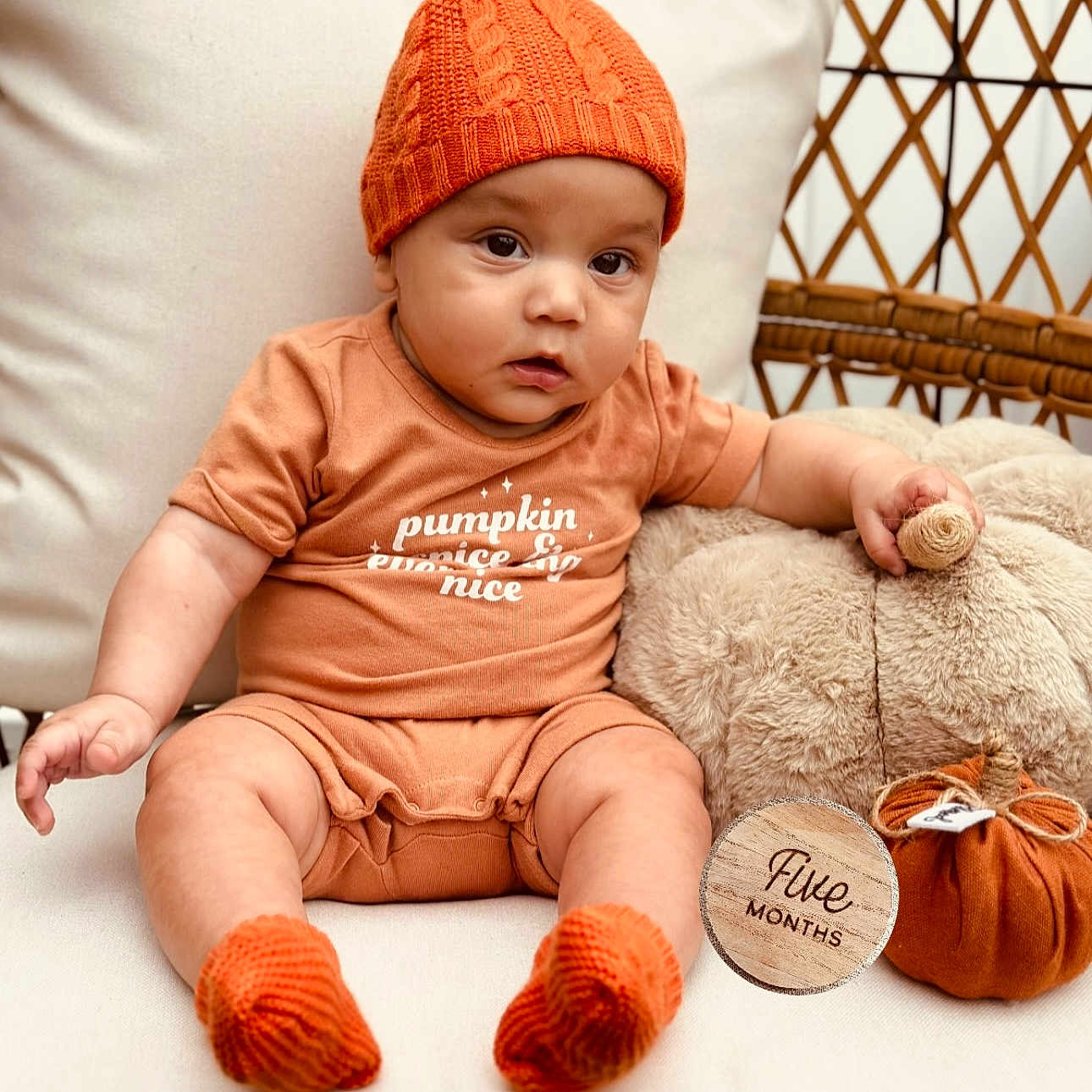 Zayvier joined the competition — help win amazing prizes! autumn, baby, chair, child, cozy, cushion, cute, fabric_pumpkin, five_months, indoors, infant, knitted_socks, orange_clothing, plush_toy, portrait, pumpkin_hat, seasonal, seated, teddy_bear, wooden_marker