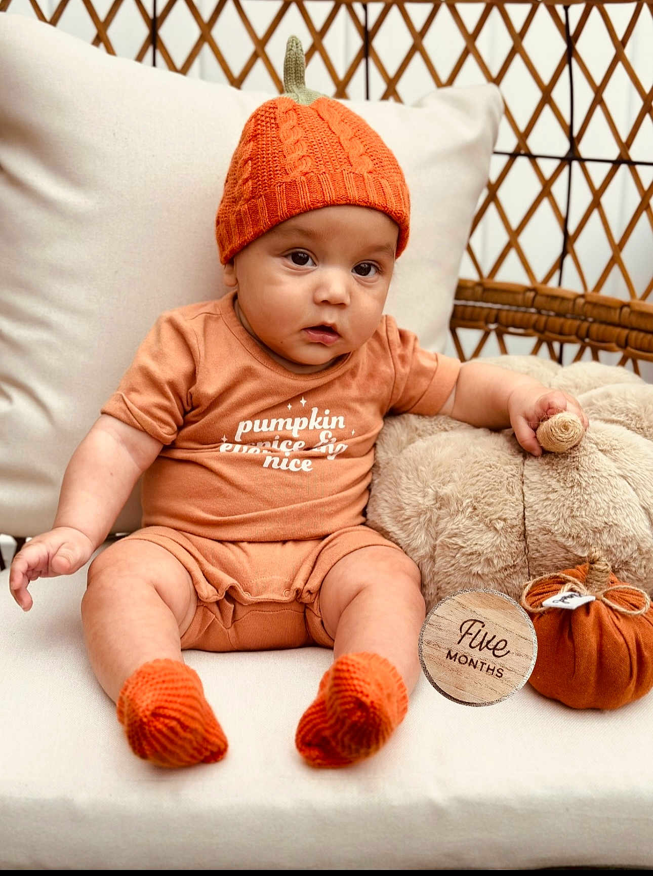 Zayvier joined the competition — help win amazing prizes! baby, infant, pumpkin_hat, orange_clothing, knitted_socks, plush_toy, teddy_bear, wooden_marker, five_months, fabric_pumpkin, cushion, chair, cute, child, indoors, portrait, seasonal, autumn, cozy, seated
