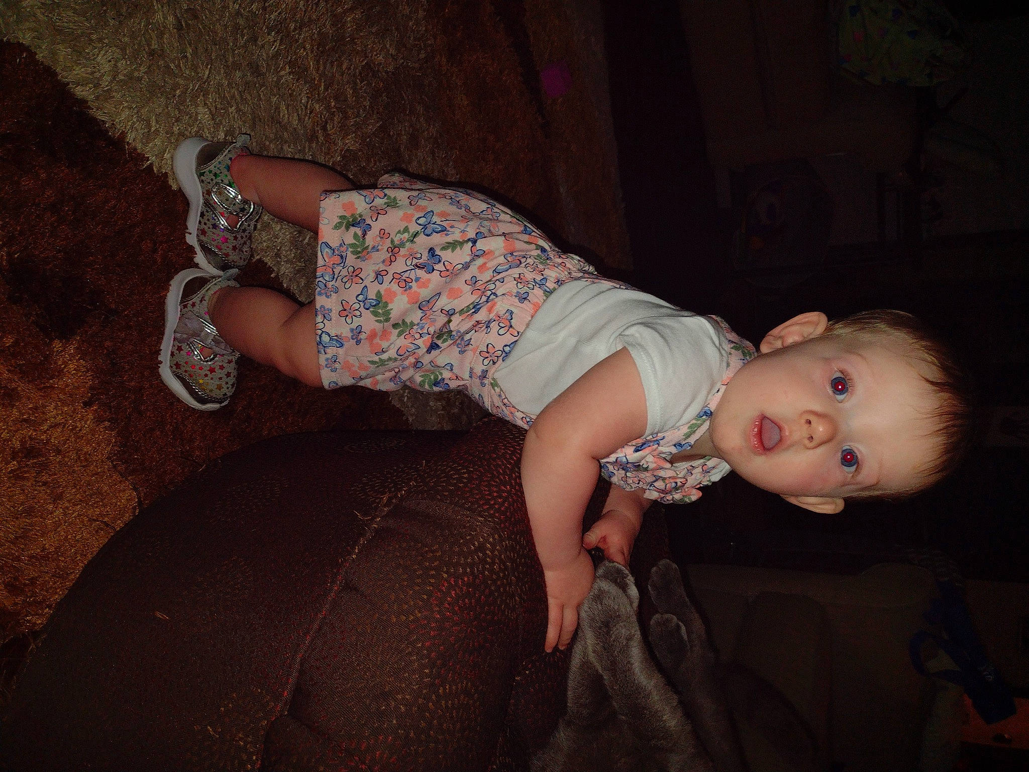 Annabelle joined the competition — help win amazing prizes! arm, baby, baby_toddler_clothing, comfort, elbow, finger, flash_photography, fun, hand, human_body, human_leg, leg, pattern, person, skin, sleeve, surprise, thigh, toddler, trunk