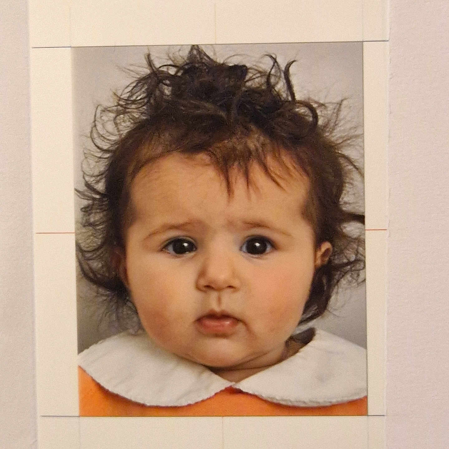 Yéva a rejoint le concours — aidez-le/la à gagner de superbes lots ! baby, child, closeup, clothing, curly_hair, date_stamp, expression, face, hair, headshot, indoor, innocent_look, orange_outfit, person, photo_print, photograph, portrait, studio_lighting, white_collar, young_child