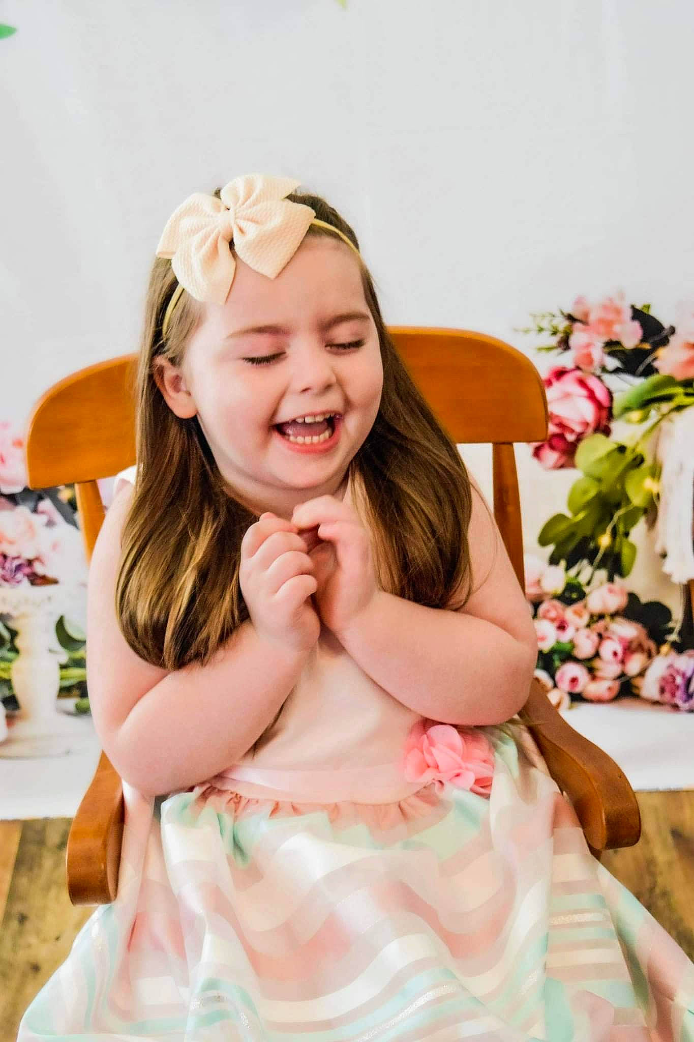 Mckinley joined the competition — help win amazing prizes! blond, bridal_clothing, brown_hair, dress, event, fashion_accessory, flash_photography, formal_wear, fun, gown, hair, happy, headpiece, headwear, joy, peach, person, petal, pink, smile