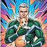 action_pose, animated_style, cartoon, character, colorful_background, comic_book, corgi, dog, dynamic, energy_lines, green_suit, hero, holding_dog, illustration, muscular, portrait, stylized, superhero, text_overlay, vibrant_colors