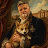 architecture, building, chair, cloud, corgi, decor, dog, expression, facial_hair, furniture, gold_detail, hand, historical_clothing, indoor, luxury, man, portrait, regal, sky, window
