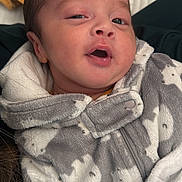 Khlil is registered to the contest to win money with this photo: baby, infant, face, clothing, onesie, bunny_pattern, gray, white, soft_fabric, blanket, warm, cute, expression, cozy, portrait, newborn, child, indoor, closeup, person