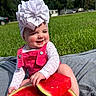Raekyn is registered to the contest to win money with this photo: baby, child, watermelon, fruit, outdoor, grass, headwrap, flower, pink_overalls, blanket, smile, happy, summer, sunny, nature, person, sitting, cute, food, playful