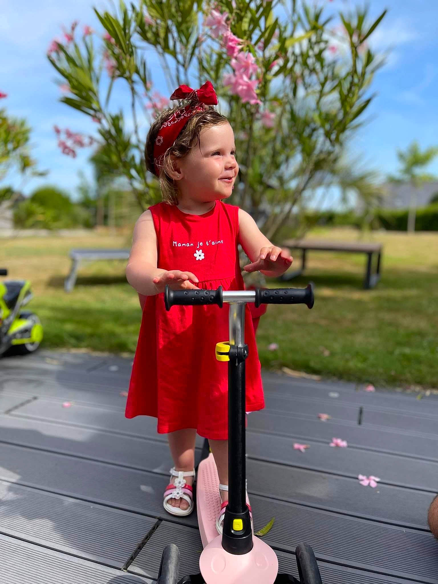 Mia participe au concours pour gagner de l'argent avec cette photo : boot, child, dress, entertainment, event, flower, fun, grass, happy, leisure, magenta, person, pink, plant, recreation, shorts, sky, tire, toddler, tree
