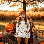 Eniyah is registered to the contest to win money with this photo: child, girl, pumpkin, jack_o_lantern, hay_bale, autumn, fall, orange, dress, knit_hat, broom, outdoor, smile, curly_hair, leaves, plaid_blanket, boots, field, tree, festive