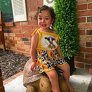 Eniyah is registered to the contest to win money with this photo: child, toddler, curly_hair, yellow_outfit, sunflower_pattern, cow_print, smiling, tortoise_statue, porch, brick_wall, green_shrub, barefoot, outdoor, happy, cute, summer_clothing, playful, decor, young_child, sitting