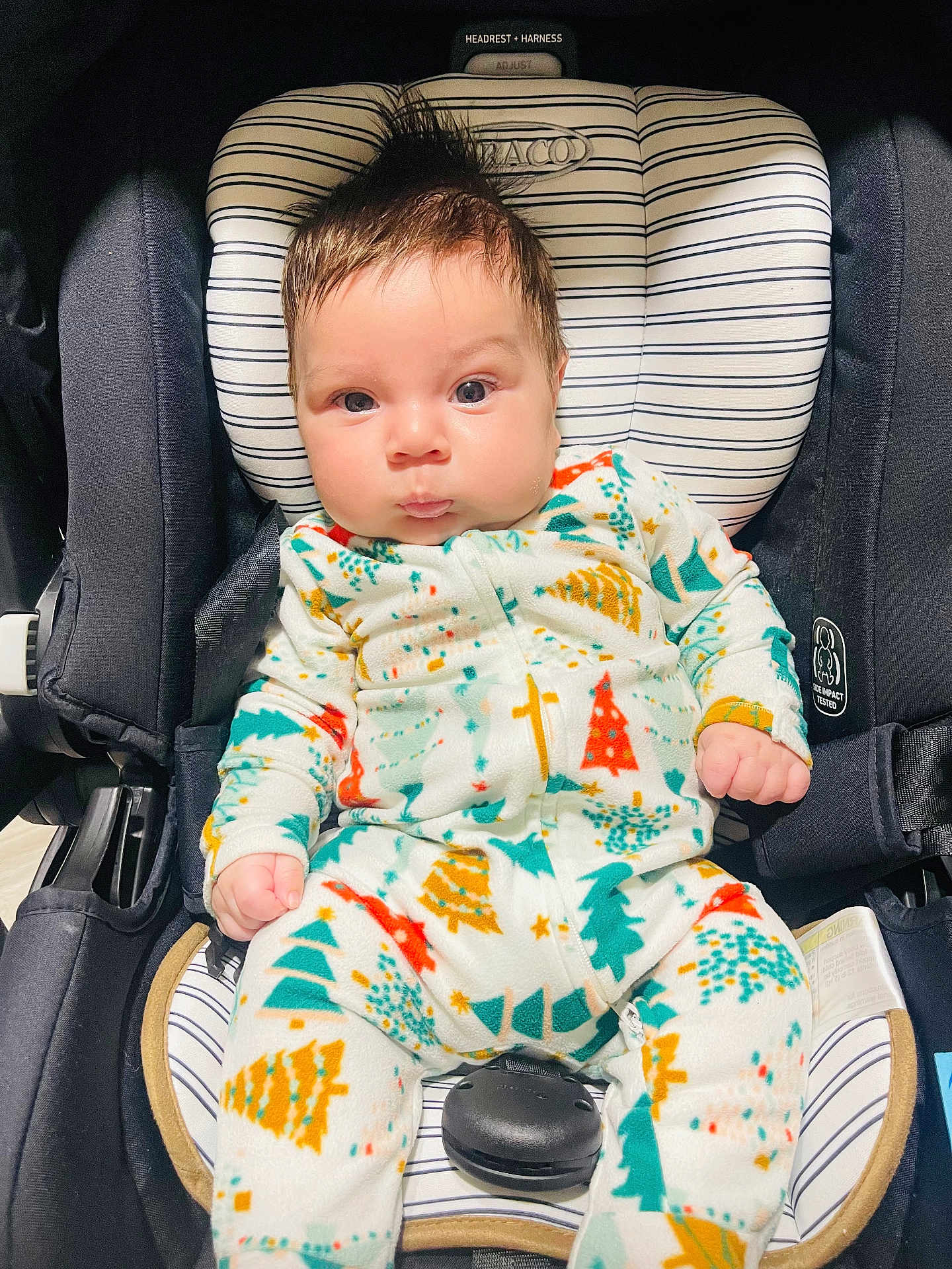 Kayden joined the competition — help win amazing prizes! baby, infant, car_seat, onesie, festive, christmas_trees, mohawk_hair, cute, child, strapped_in, seatbelt, indoor, portrait, young_child, clothing, patterned_clothes, person, face, expression, sitting
