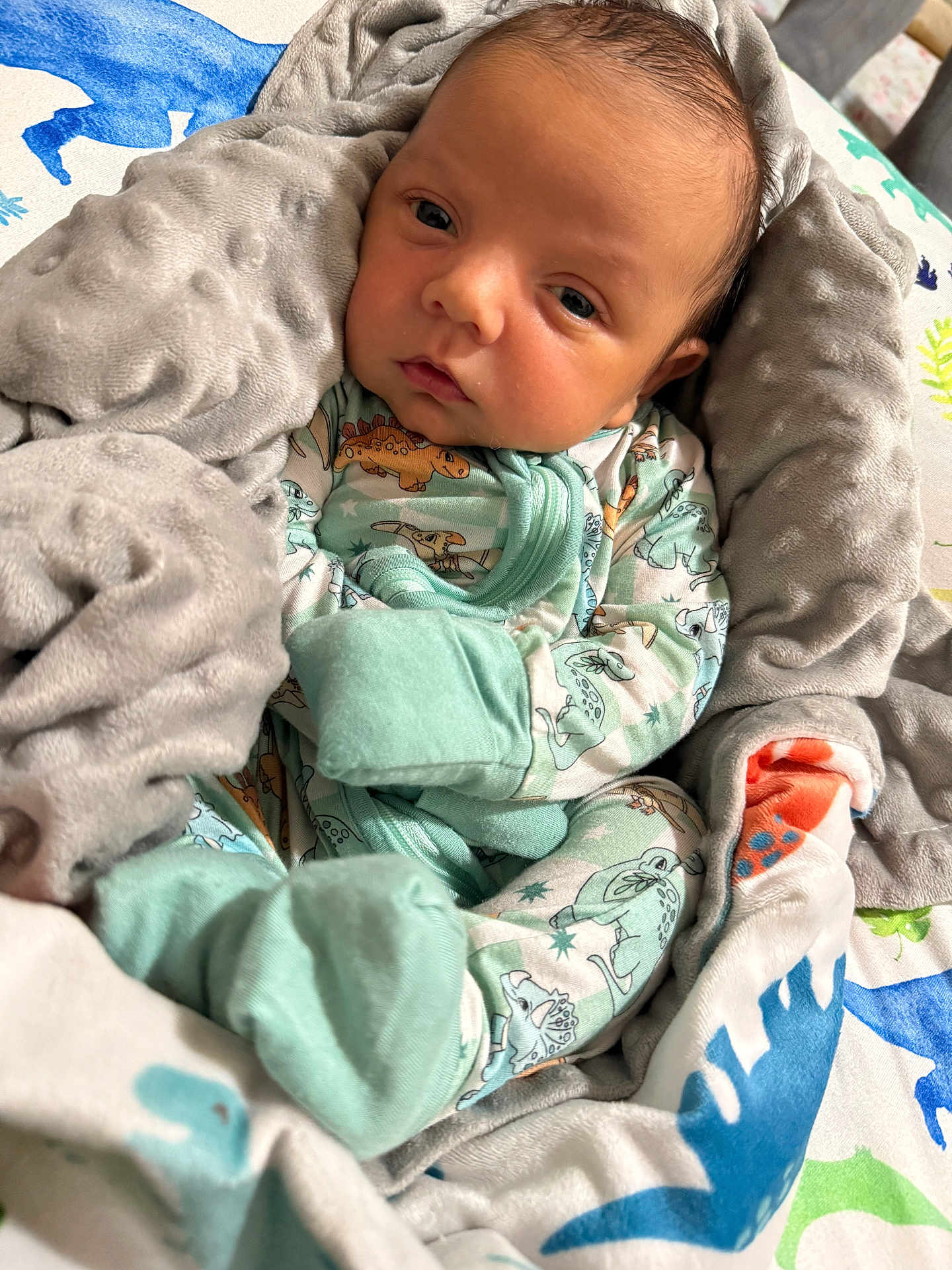 Colter joined the competition — help win amazing prizes! baby, blanket, dinosaur, pajamas, soft_texture, infant, cozy, patterned_clothing, cute, sleepwear, child, face, wrapped, indoor, colorful, newborn, resting, fabric, cute_expression, warm