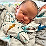 Colter is registered to the contest to win money with this photo: baby, sleeping, blanket, dinosaur_print, cozy, soft_texture, infant, cute, peaceful, wrapped, child, portrait, close_up, resting, indoors, apparel, newborn, sleep, comfort, warm