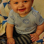 Aiden is registered to the contest to win money with this photo: baby, child, smiling, happy, quilt, blanket, clothing, striped_pants, blue_shirt, face, cute, sitting, hands, cheeks, indoors, portrait, infant, young_child, cozy, warm