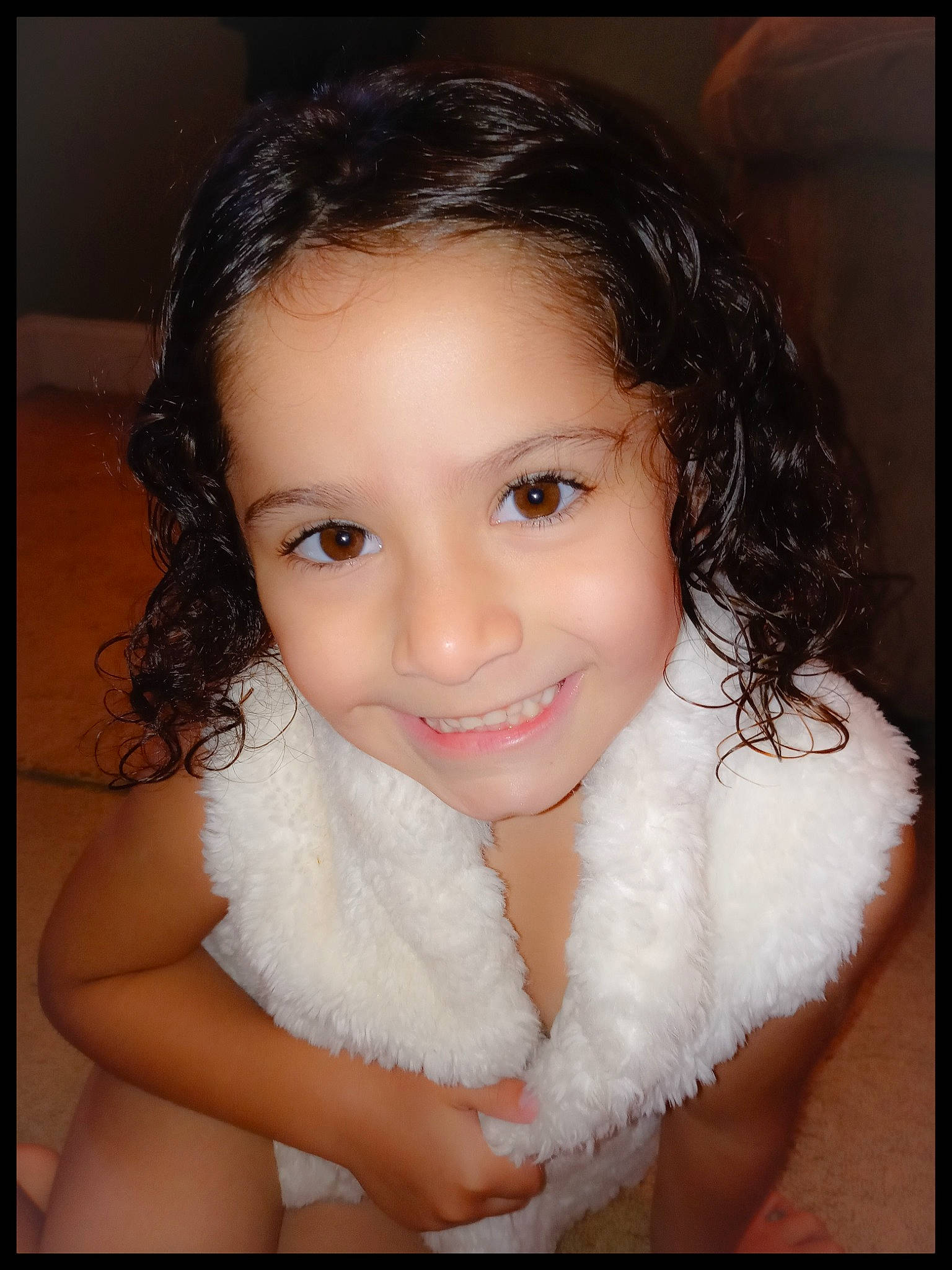 Kelani is registered to the contest to win money with this photo: black_hair, cheek, child, chin, eyebrow, eyelash, flash_photography, fun, gesture, happy, iris, jaw, joy, lip, long_hair, makeover, nose, organ, person, skin