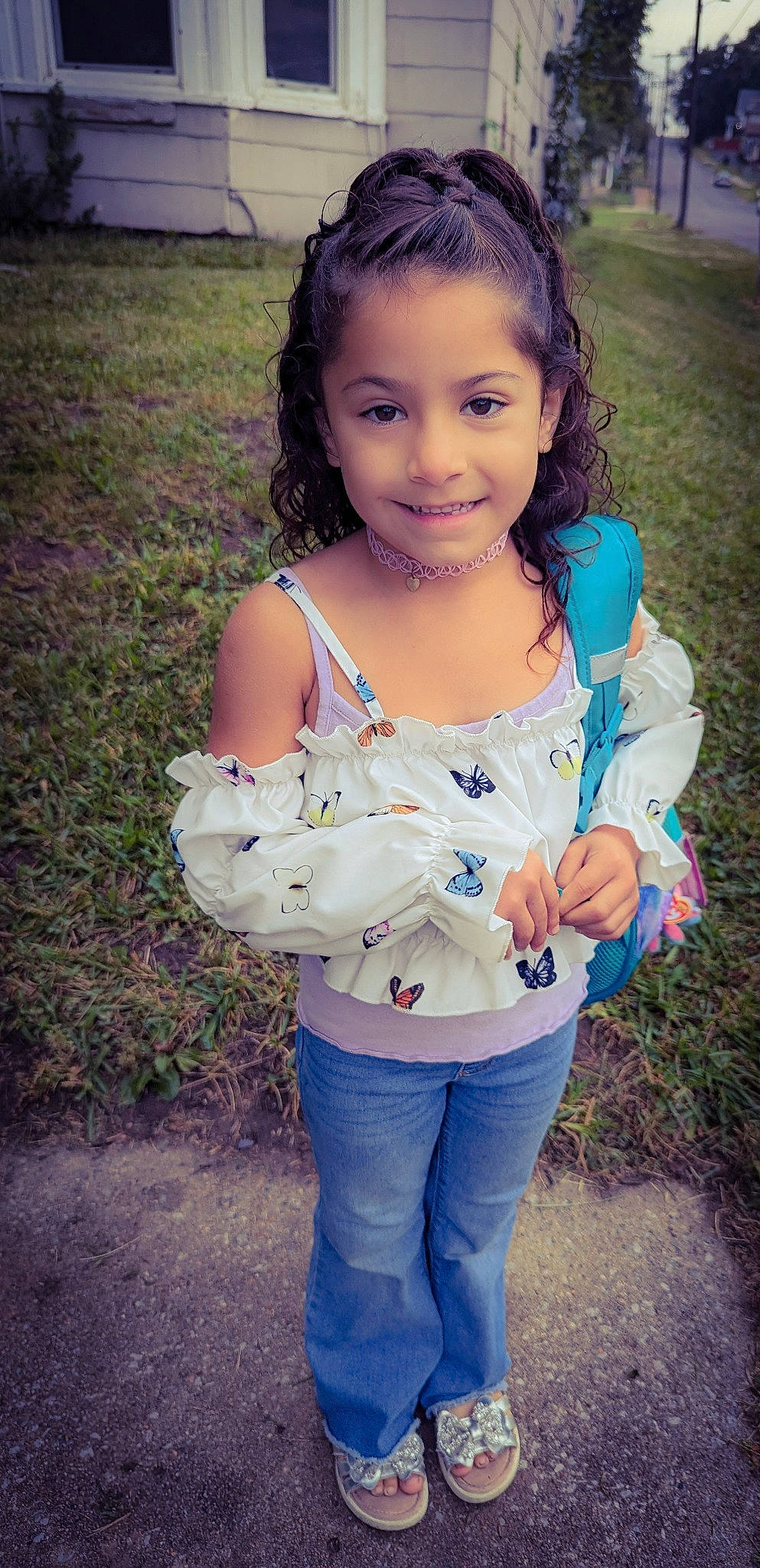 Kelani joined the competition — help win amazing prizes! beauty, blue, child, denim, electric_blue, facial_expression, flash_photography, fun, grass, hairstyle, happy, jewellery, joy, lip, necklace, person, plant, sitting, skin, smile