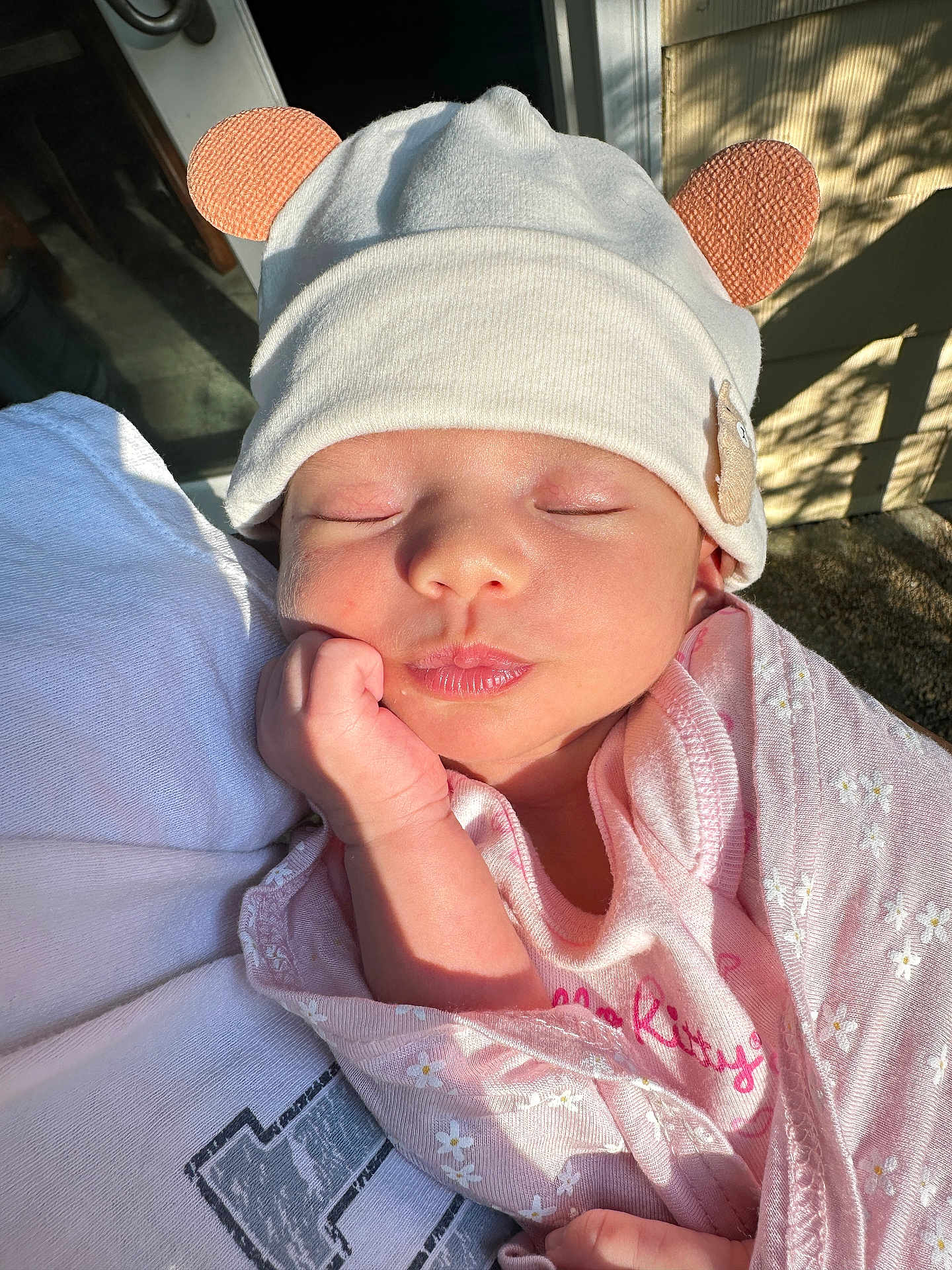 Aleia Rose joined the competition — help win amazing prizes! baby, child, sleeping, hat, pink, blanket, hand, face, outdoor, sunlight, cute, infant, portrait, peaceful, newborn, clothing, headwear, soft, closeup, resting
