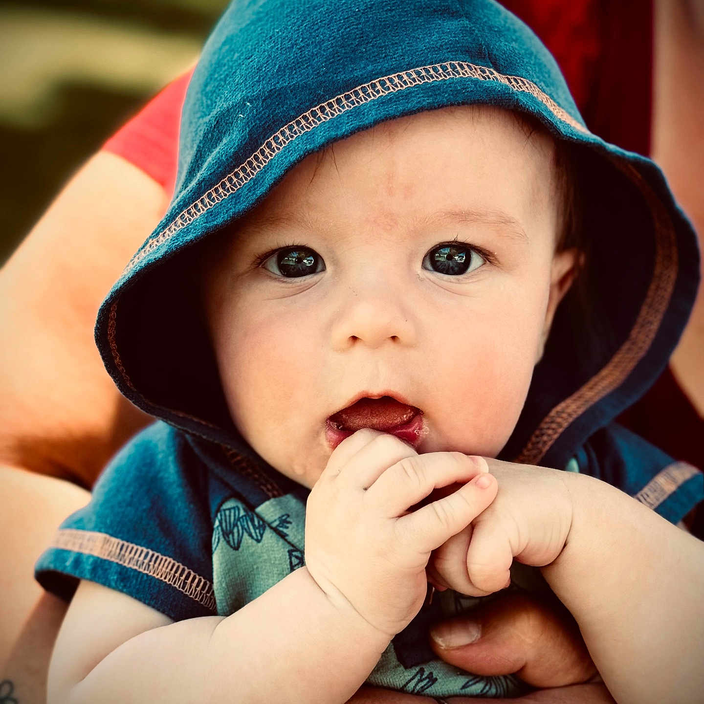 Hudson joined the competition — help win amazing prizes! baby, child, hood, blue_clothing, hands, fingers, face, eyes, adult_hand, tattoo, ring, portrait, cute, infant, skin, expression, closeup, person, holding, outdoor