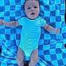 Hudson is registered to the contest to win money with this photo: baby, infant, blanket, blue, striped_onesie, socks, lying_down, face, arms, legs, cute, child, portrait, young, soft_texture, checkered_pattern, indoors, person, smiling, newborn