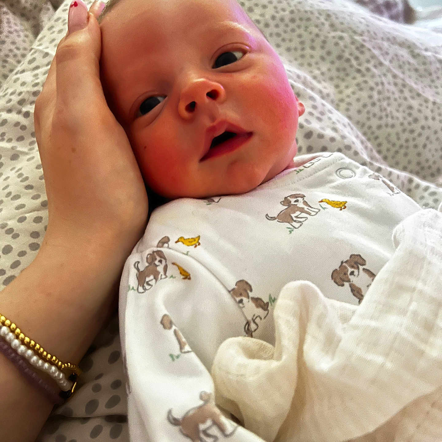 Arlo is registered to the contest to win money with this photo: accessories, arm, baby, bed, blanket, bodypart, bracelet, face, finger, furniture, hand, head, jewelry, newborn, person, photography, portrait, quilt, ring, wristwatch