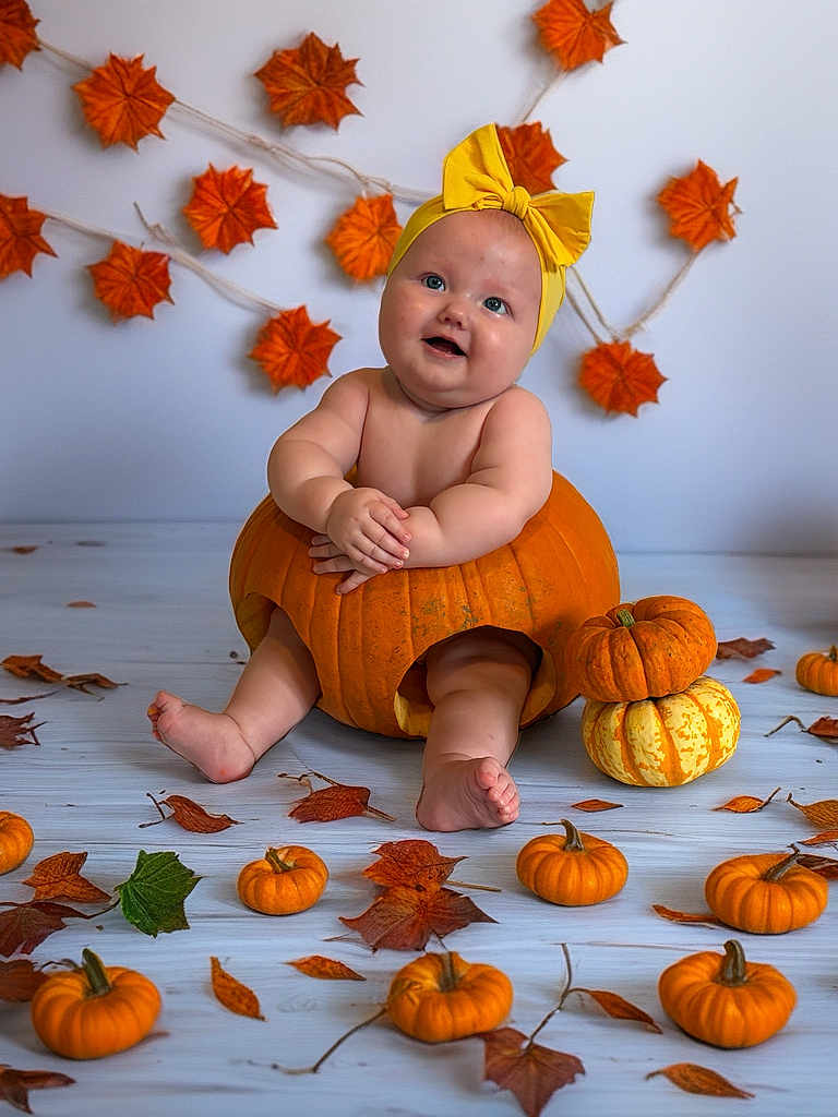 Eden-Rose joined the competition — help win amazing prizes! baby, pumpkin, yellow_bow, autumn_leaves, fall_decor, child, cute, orange, smiling, indoors, seasonal, holiday, playful, festive, floor, headwear, sitting, background, decorations, portrait