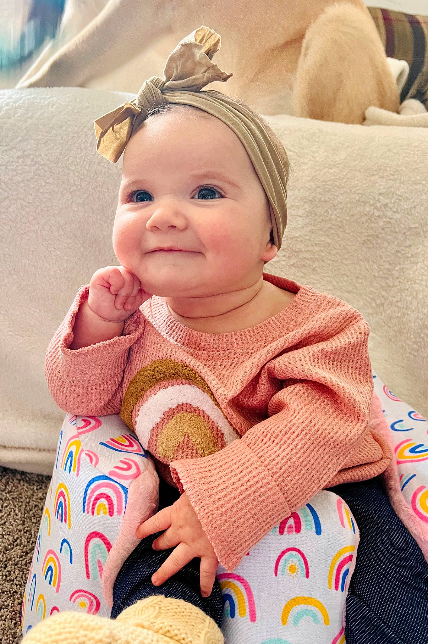 Londyn joined the competition — help win amazing prizes! baby, baby_toddler_clothing, blue, cheek, child, comfort, eye, face, fashion_accessory, happy, joy, mammal, pattern, person, product, sitting, skin, sleeve, smile, textile
