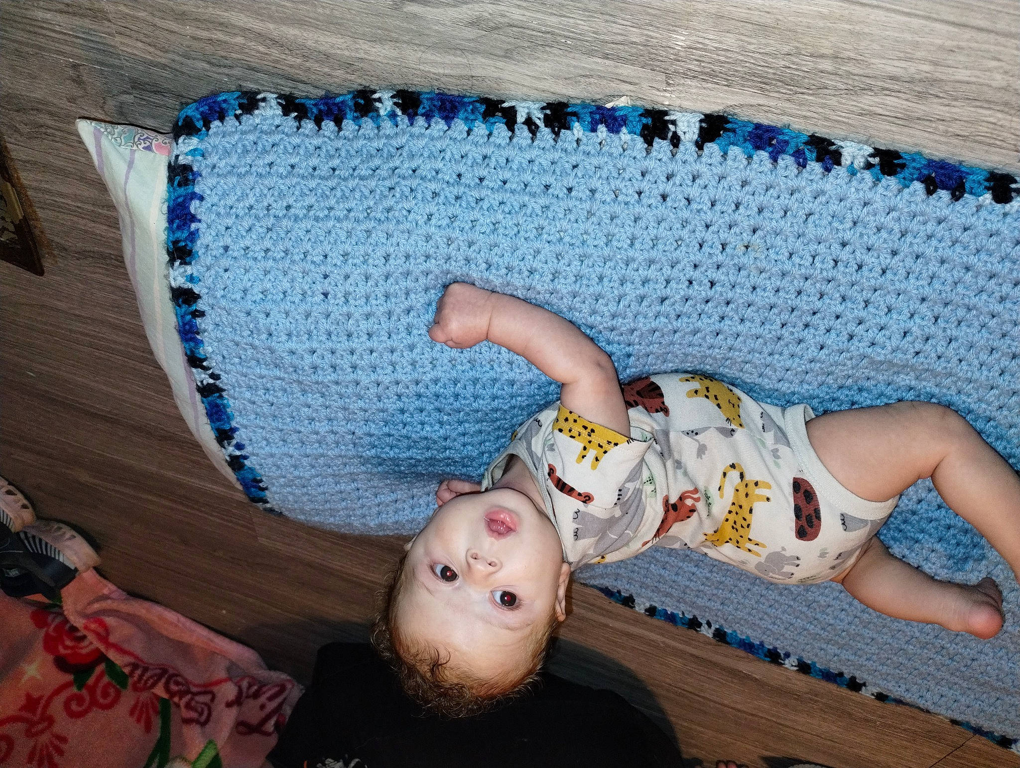 Carlos Jr joined the competition — help win amazing prizes! baby, baby_products, baby_sleeping, baby_toddler_clothing, child, comfort, craft, electric_blue, fashion_accessory, foot, fun, human_leg, lap, linens, pattern, person, sitting, surprise, textile, thigh